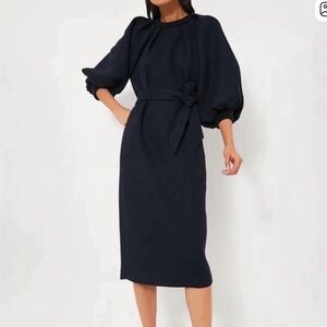 Tuckernuck Navy Puff-Sleeve Belted Midi Dress